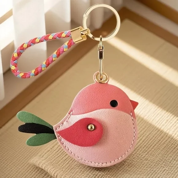 Colorful Pink Bird Vegan Leather Air Tag Holder Keychain with Braided Strap NWOT - Picture 4 of 9